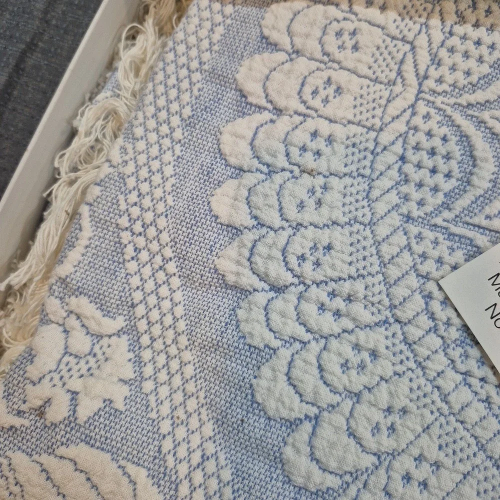Vintage Double 98 X 112 Bates Queen Elizabeth Lt Blue Bedspread w Fringe In Box